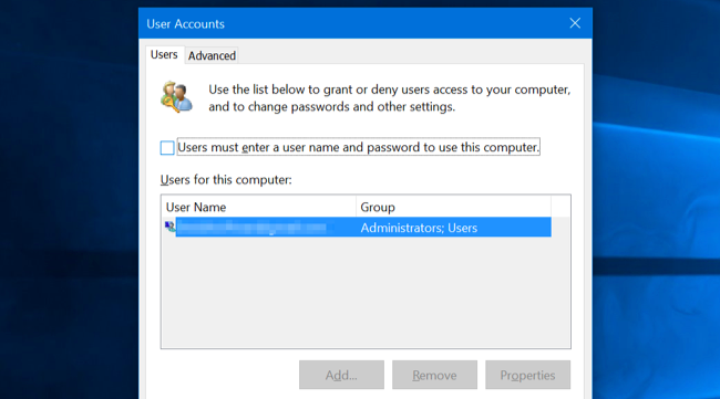 Снятие галочки «Пользователи должны вводить имя и пароль для использования этого компьютера»