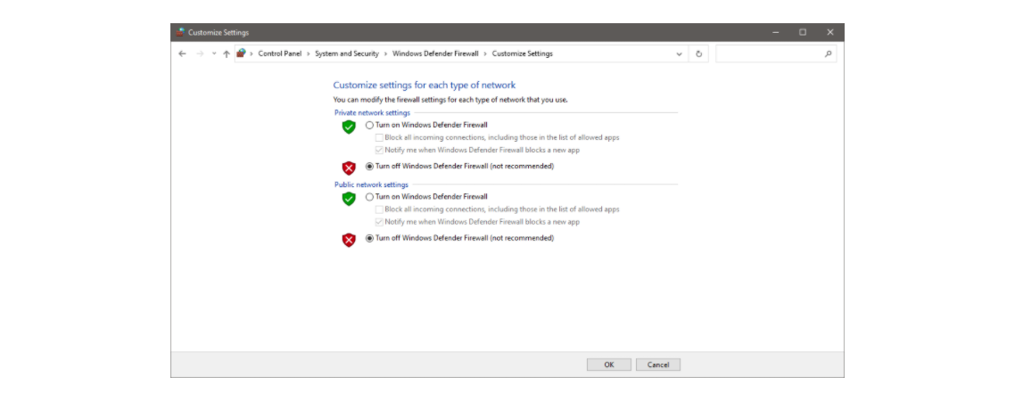 Отключение брандмауэра для проверки