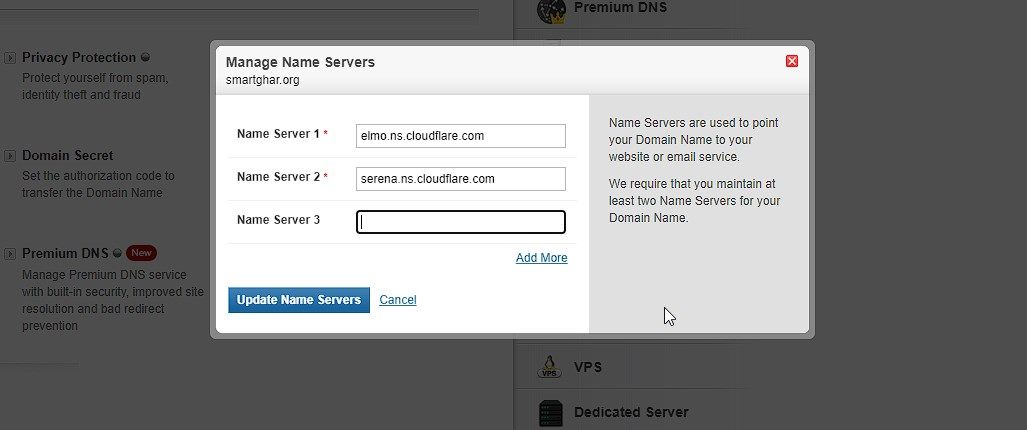 Обновление nameserver в панели регистратора