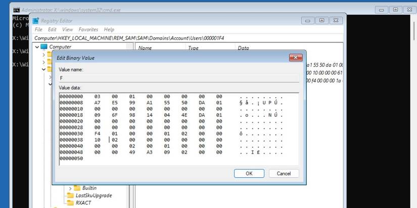 Изменение двоичного значения F в реестре для включения учётной записи администратора