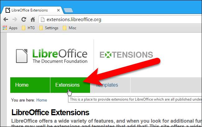 Кнопка Extensions на сайте Центра расширений