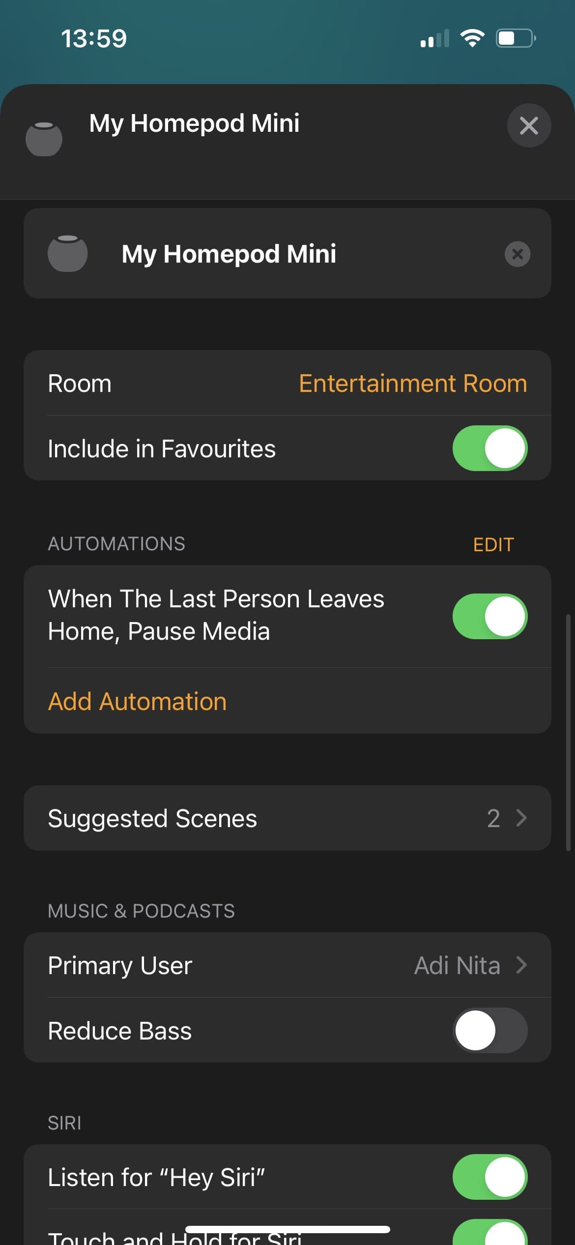 HomePod mini settings menu