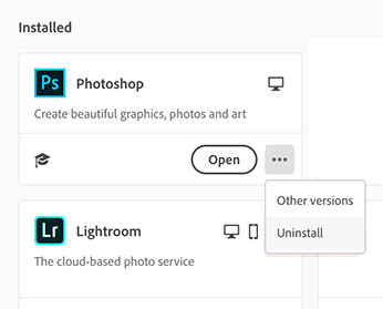 Список приложений в Creative Cloud для удаления
