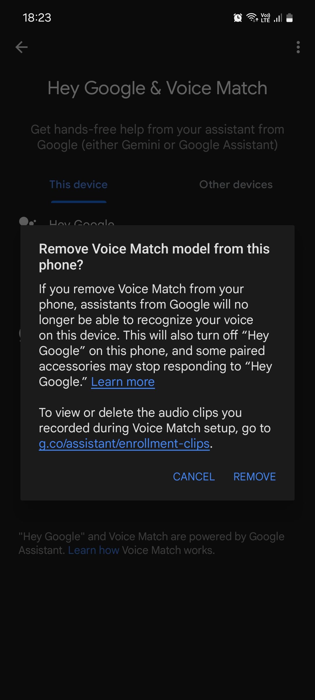 Подтверждение удаления модели Voice Match в Google Assistant