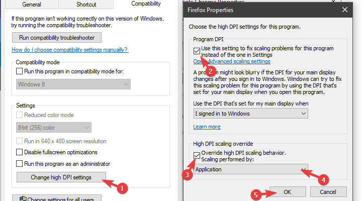 Скриншот окна настройки высокого DPI для приложения