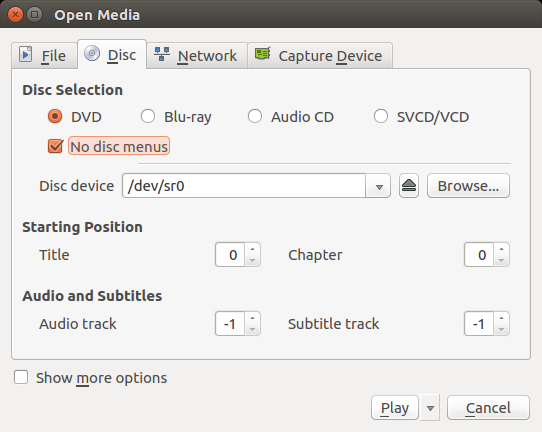 Параметр 'No disc menus' в VLC