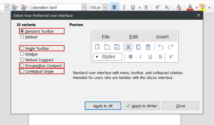 Интерфейсы LibreOffice, совместимые с тёмной темой, выделены