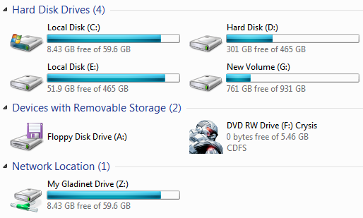 Список подключаемых облачных сервисов в Gladinet