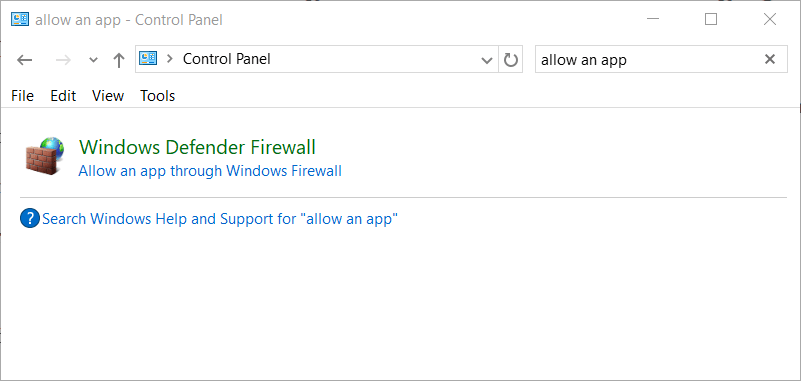 Поиск опции разрешения приложения в Панели управления