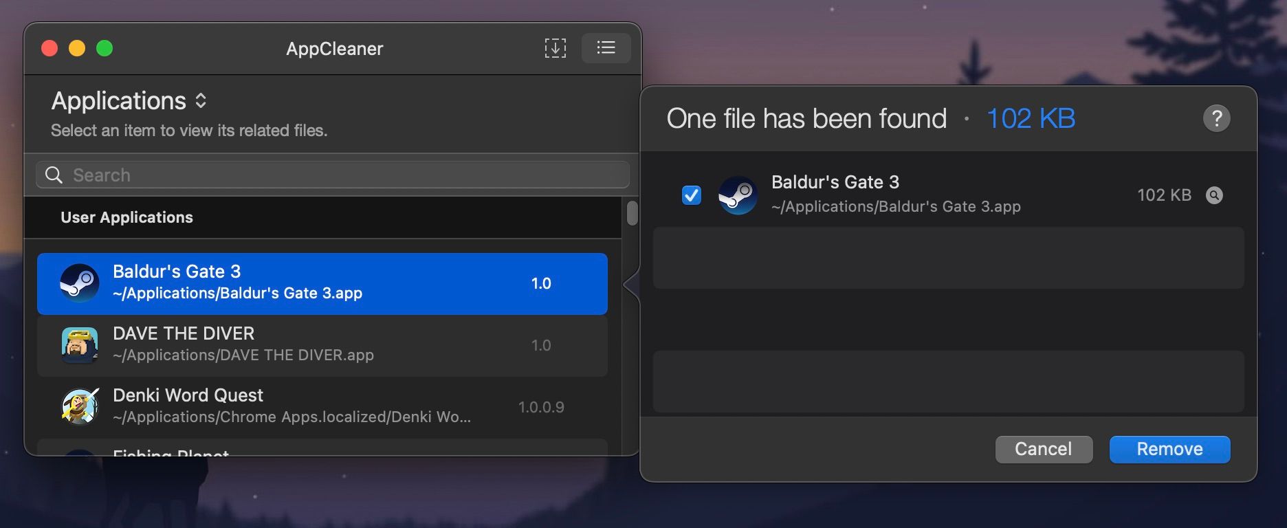 Приложение AppCleaner с опцией удаления игры Baldur's Gate 3