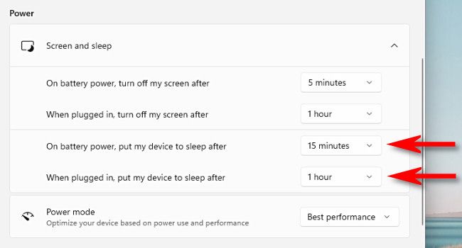 Пример выбора интервалов для выключения экрана и перехода в спящий режим.