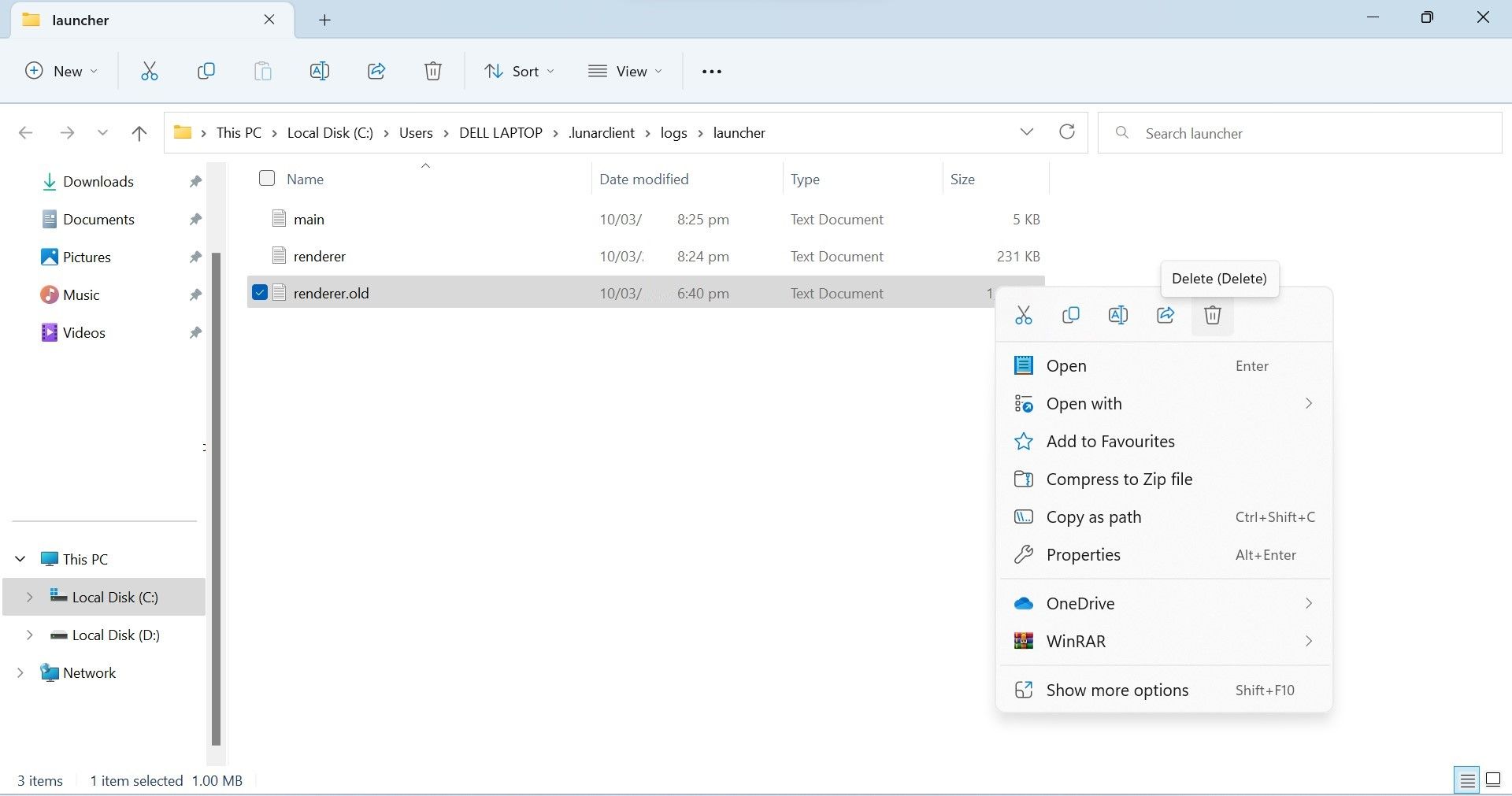 Delete the Old Renderer Log File in Lunar Client's Installation Folder