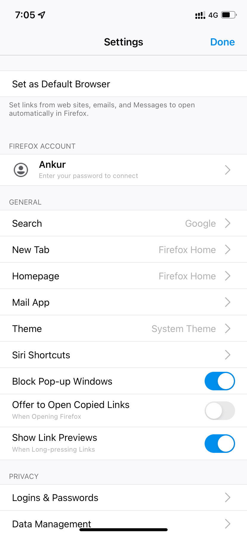 Настройки поиска в Firefox на iPhone