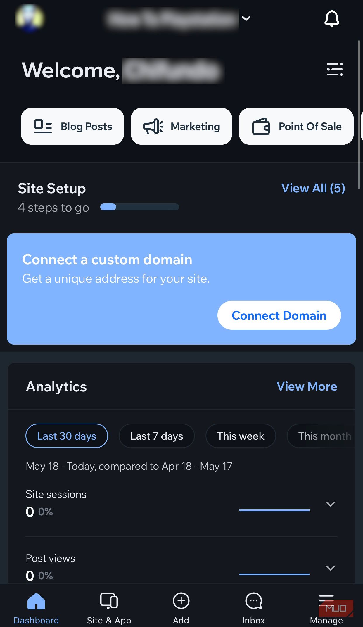 Главная страница приложения Wix Owner