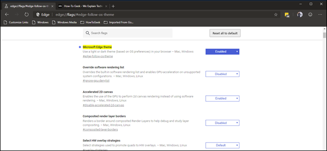 Флаги Edge: тёмная тема, группы вкладок, плавная прокрутка