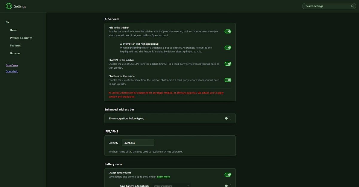 Раздел AI Services в настройках
