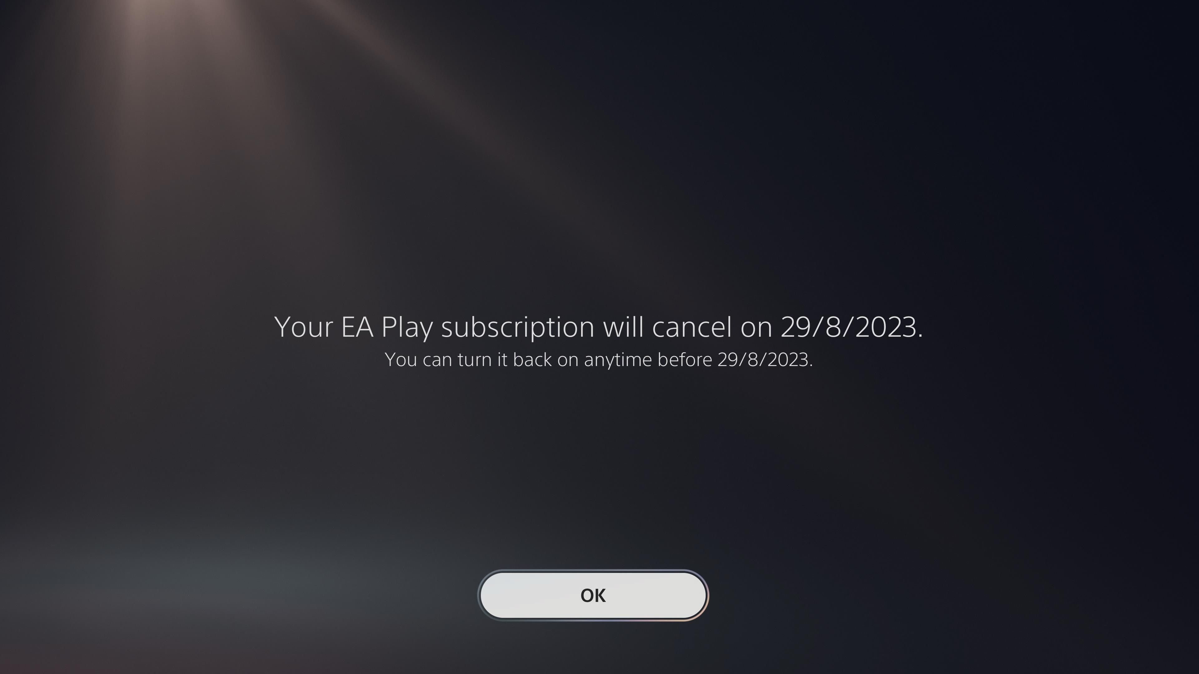 Подтверждение отмены подписки EA Play