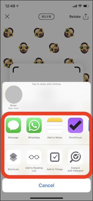 Пример листа общего доступа для отправки Nametag из Instagram