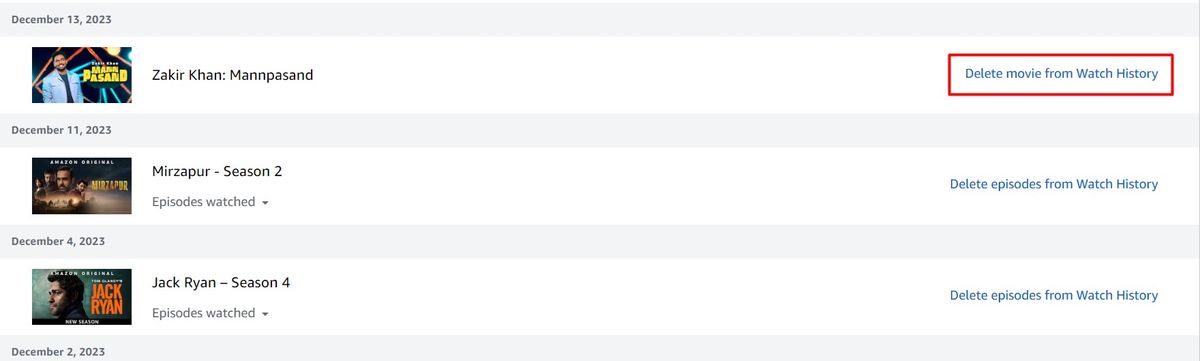 Опция Удалить фильм из истории просмотров в Amazon Prime Video.
