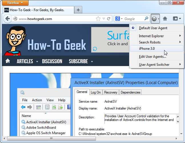 Меню расширения User Agent Switcher с выбором iPhone