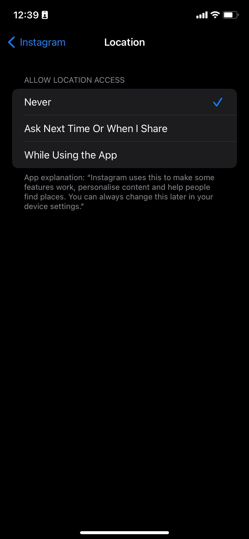 Отклонение доступа Instagram к местоположению