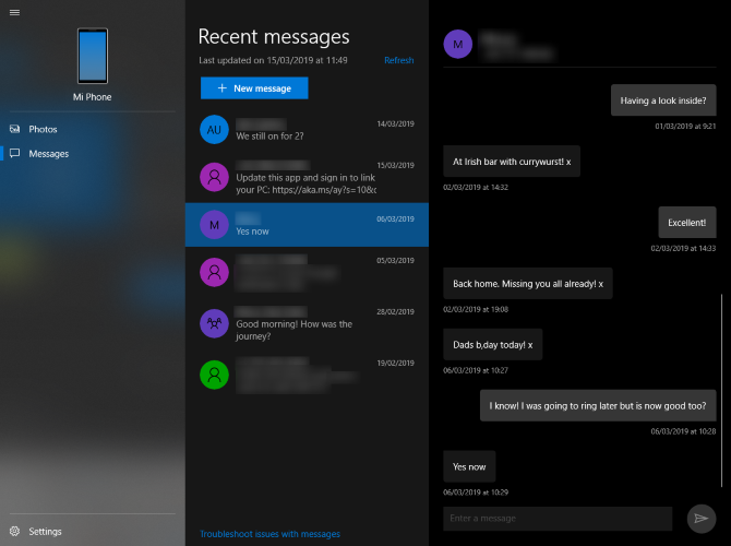 Sending and receiving texts using Your Phone