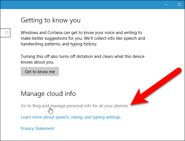 Ссылка для перехода в Bing и управление личной информацией