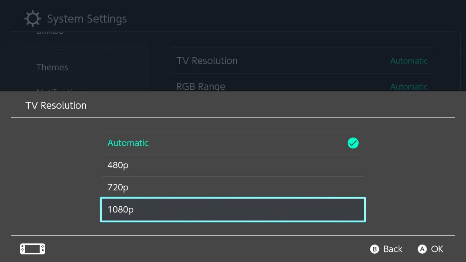 Экран настроек разрешения телевизора на Nintendo Switch