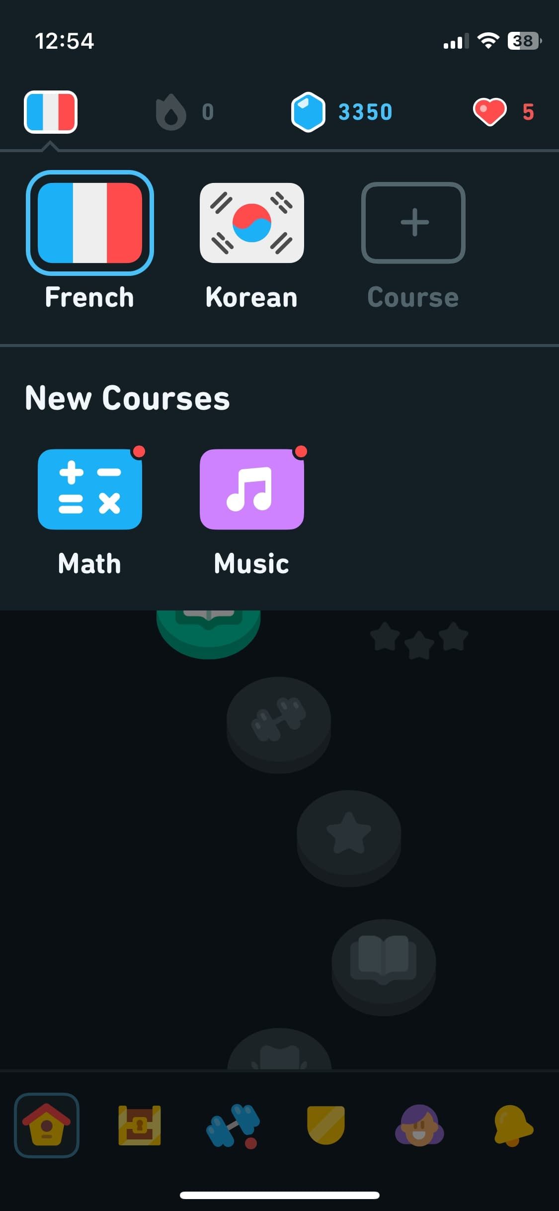 Нажатие на значок флага в мобильном приложении Duolingo