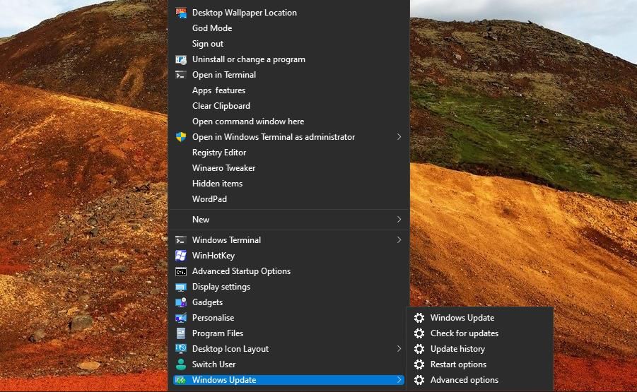 Подменю 'Обновление Windows' в контекстном меню