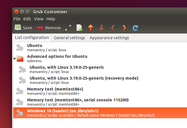 Пример графического интерфейса для редактирования записей GRUB