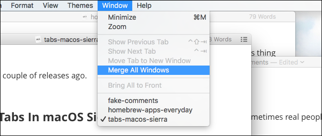 Пункт меню Window с опцией Merge All Windows, показывающий как объединить окна