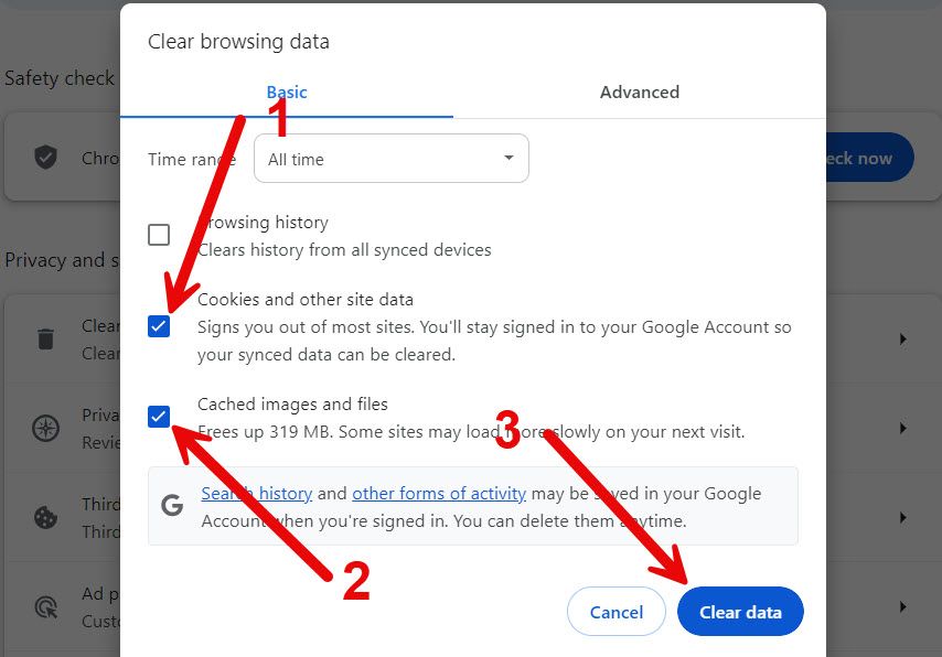 Очистка куки и кэша в Google Chrome