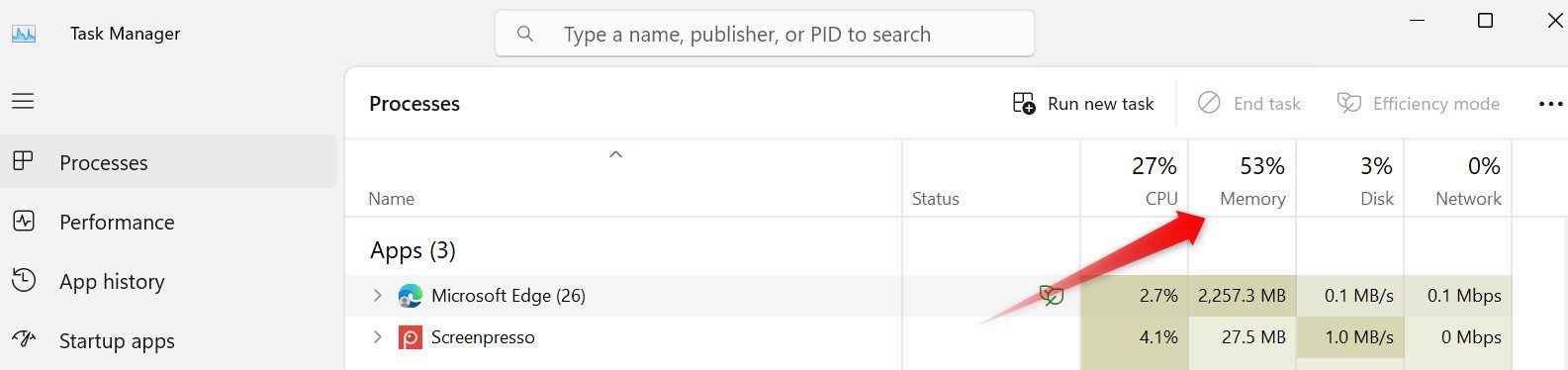 Проверка потребления памяти в Диспетчере задач Windows.