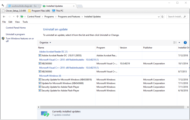 Список установленных обновлений Windows