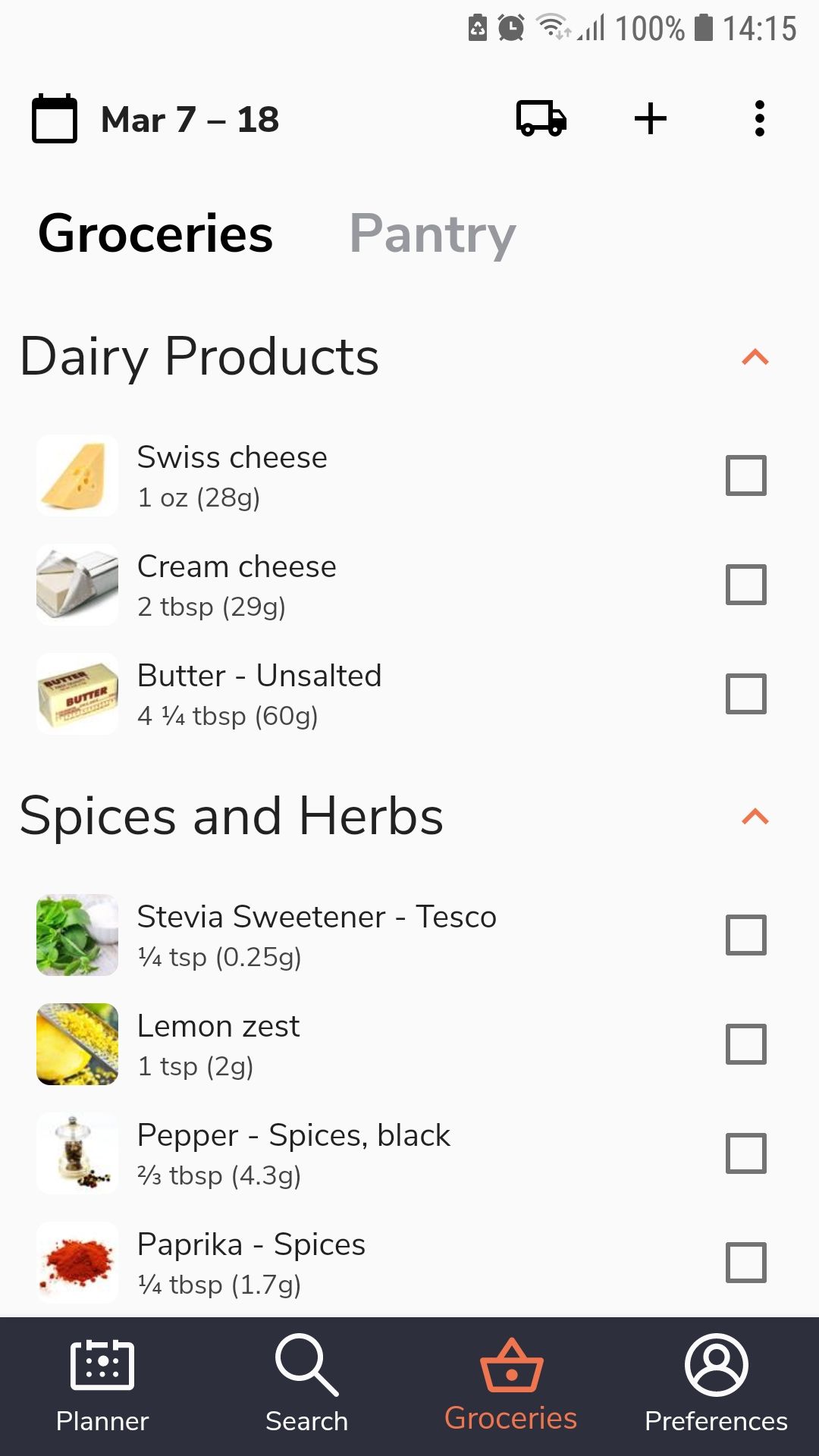Экран списка покупок в приложении Eat This Much