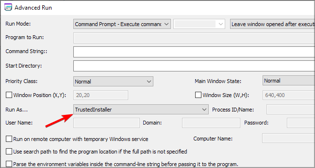 Скриншот окна настроек Advanced Run с параметром Run as: TrustedInstaller