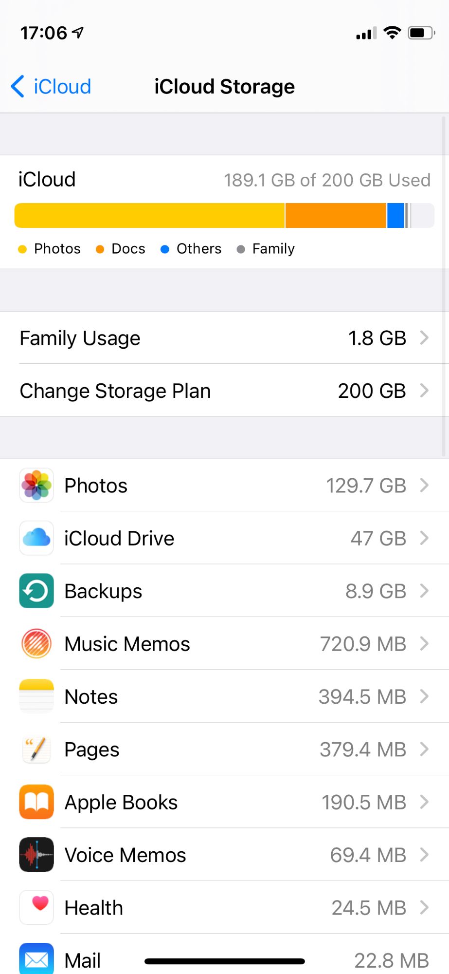 iCloud Storage settings on iPhone