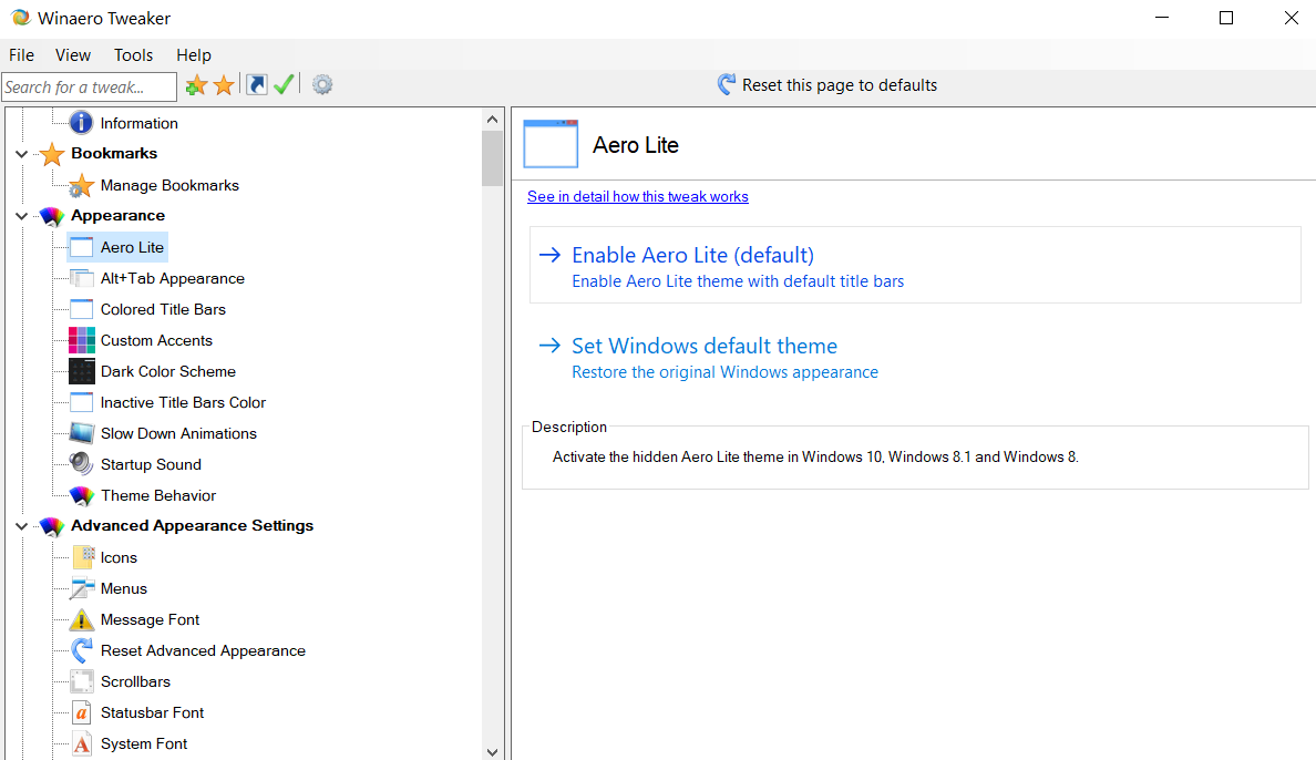 Aero Glass: интерфейс WinAero Tweaker