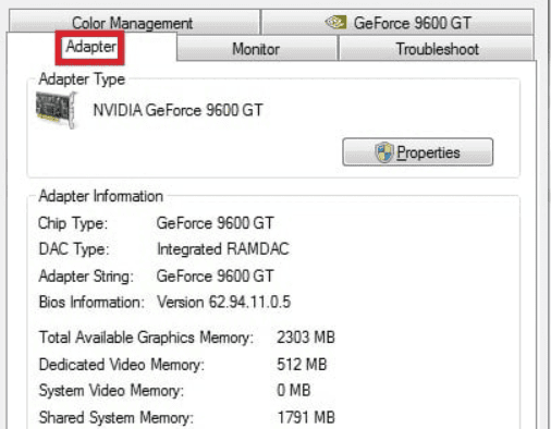 информация о видеокарте в Windows 7