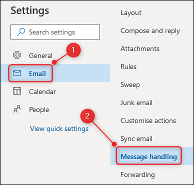 Настройки Outlook: пункт Обработка сообщений выделен в меню
