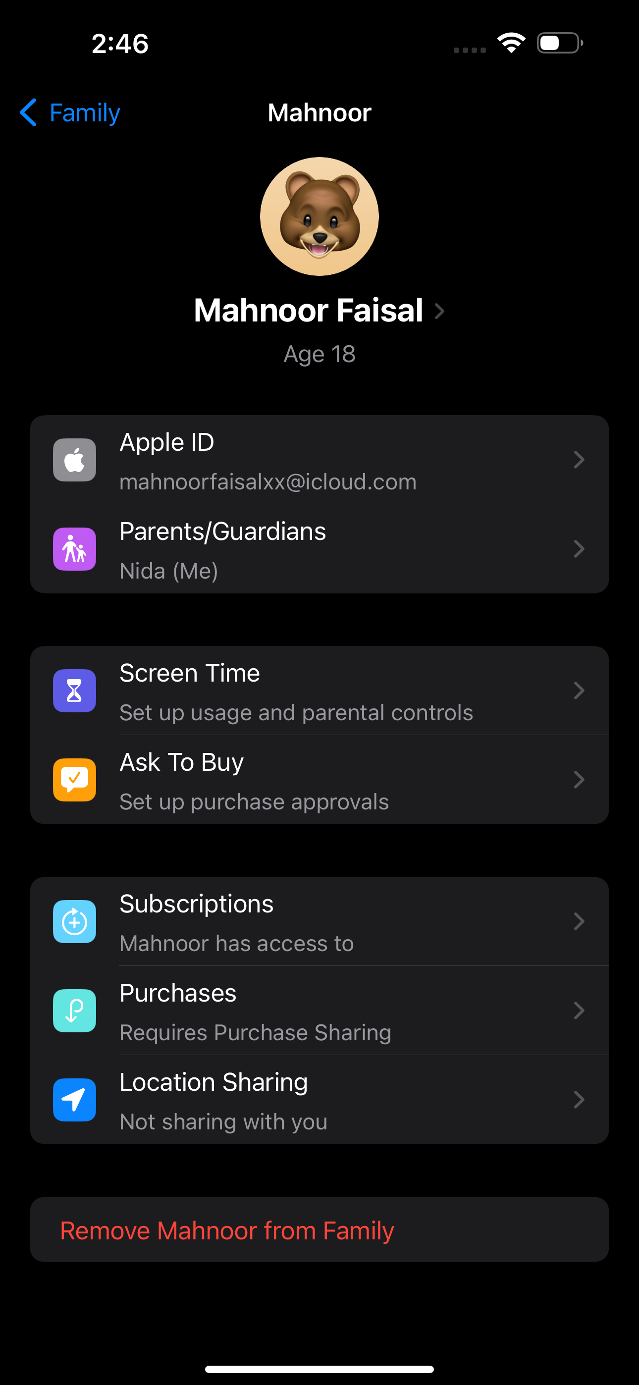 Настройки учётной записи ребёнка на iPhone