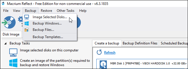 Выбор образа дисков и разделов в Macrium Reflect для создания резервной копии