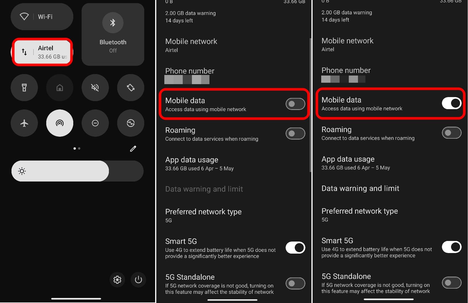 Иллюстрация отключения и повторного включения мобильных данных на Android