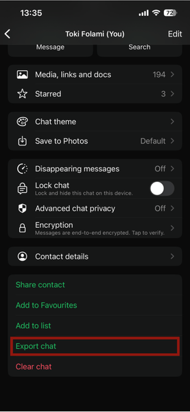 Опции экспорта чата WhatsApp