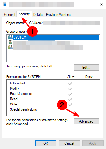 Кнопка «Дополнительно» в окне безопасности файла