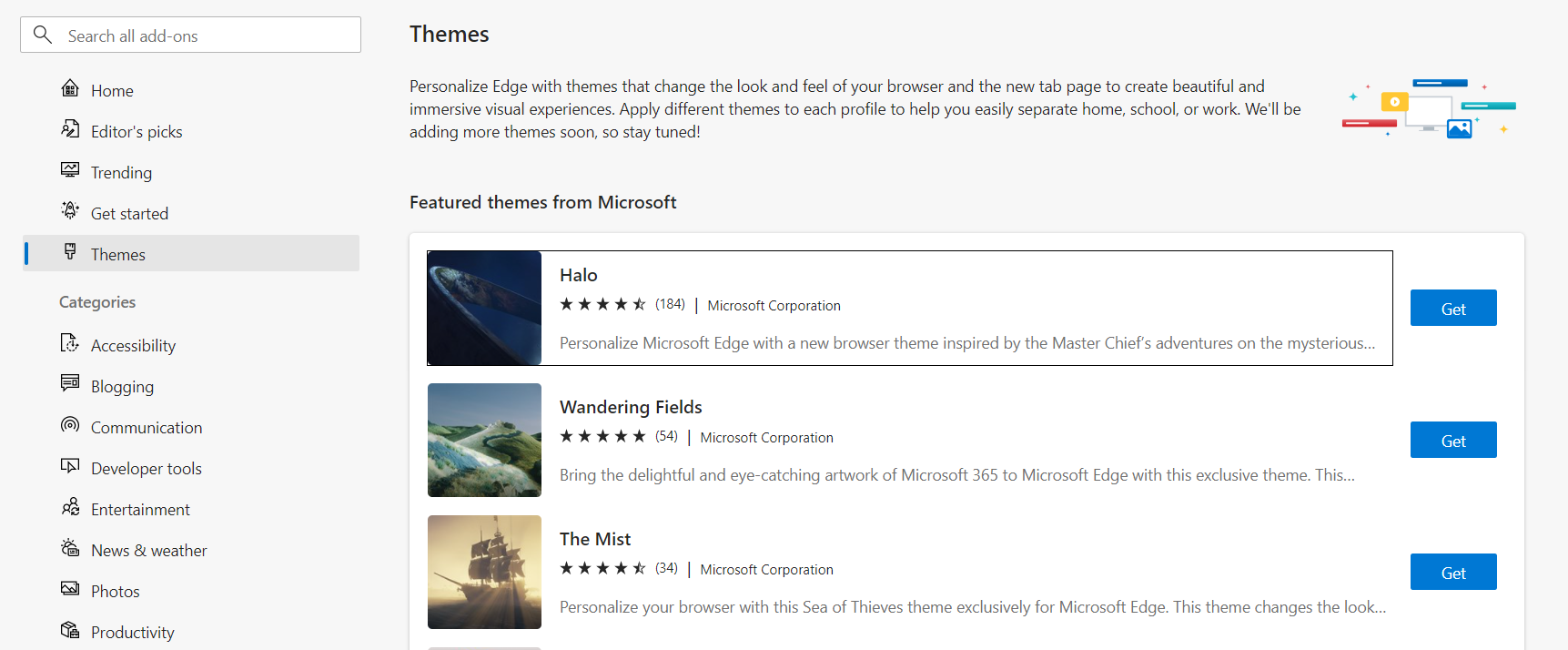 Страница магазина тем Microsoft Edge с кнопкой Получить