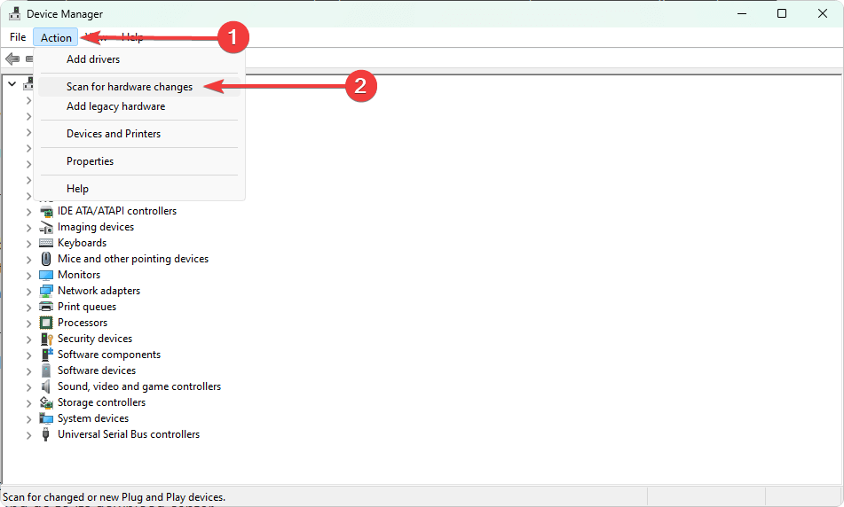 Опция поиска изменений оборудования в Диспетчере устройств