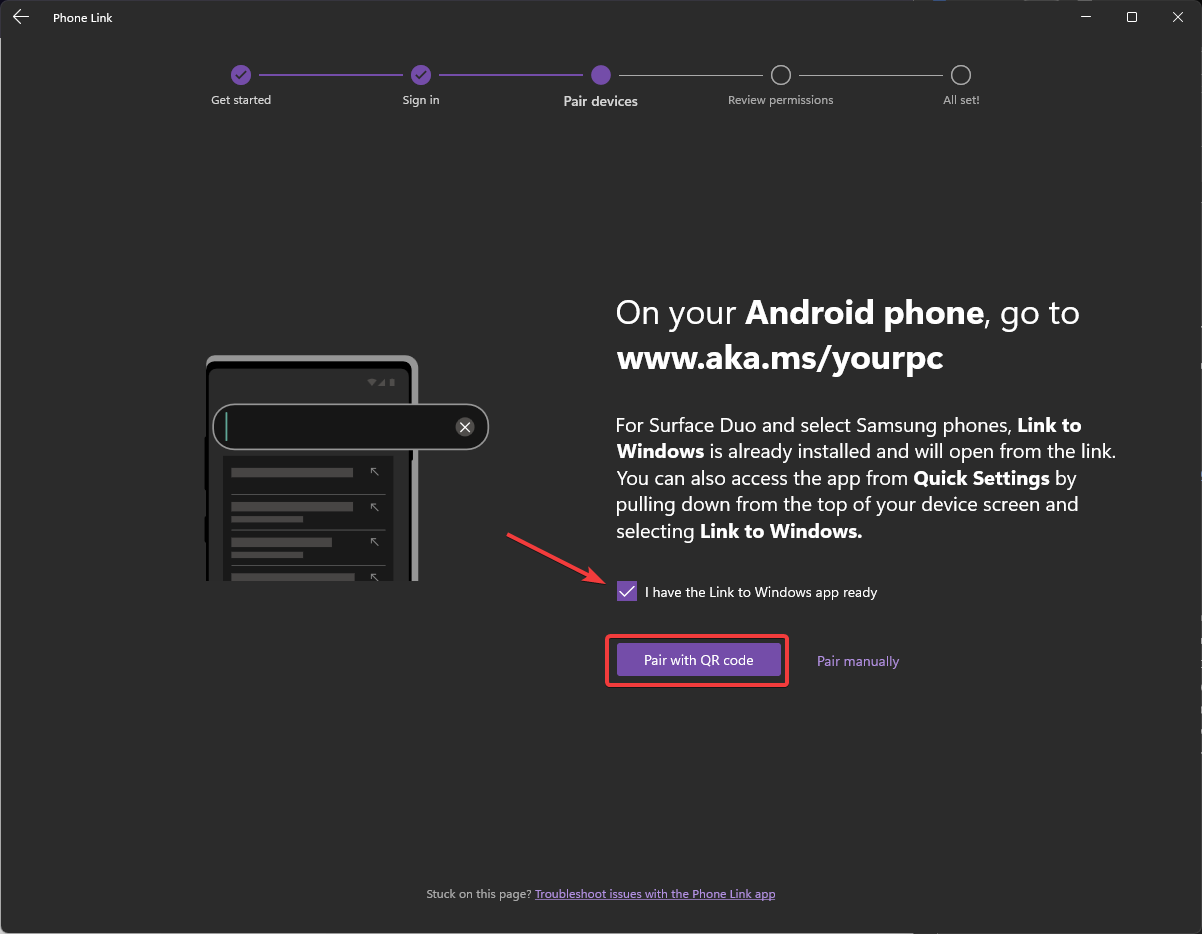 Выбор способа сопряжения: QR‑код или ручное