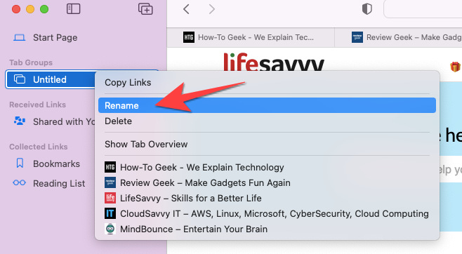 Переименование группы вкладок в боковой панели Safari